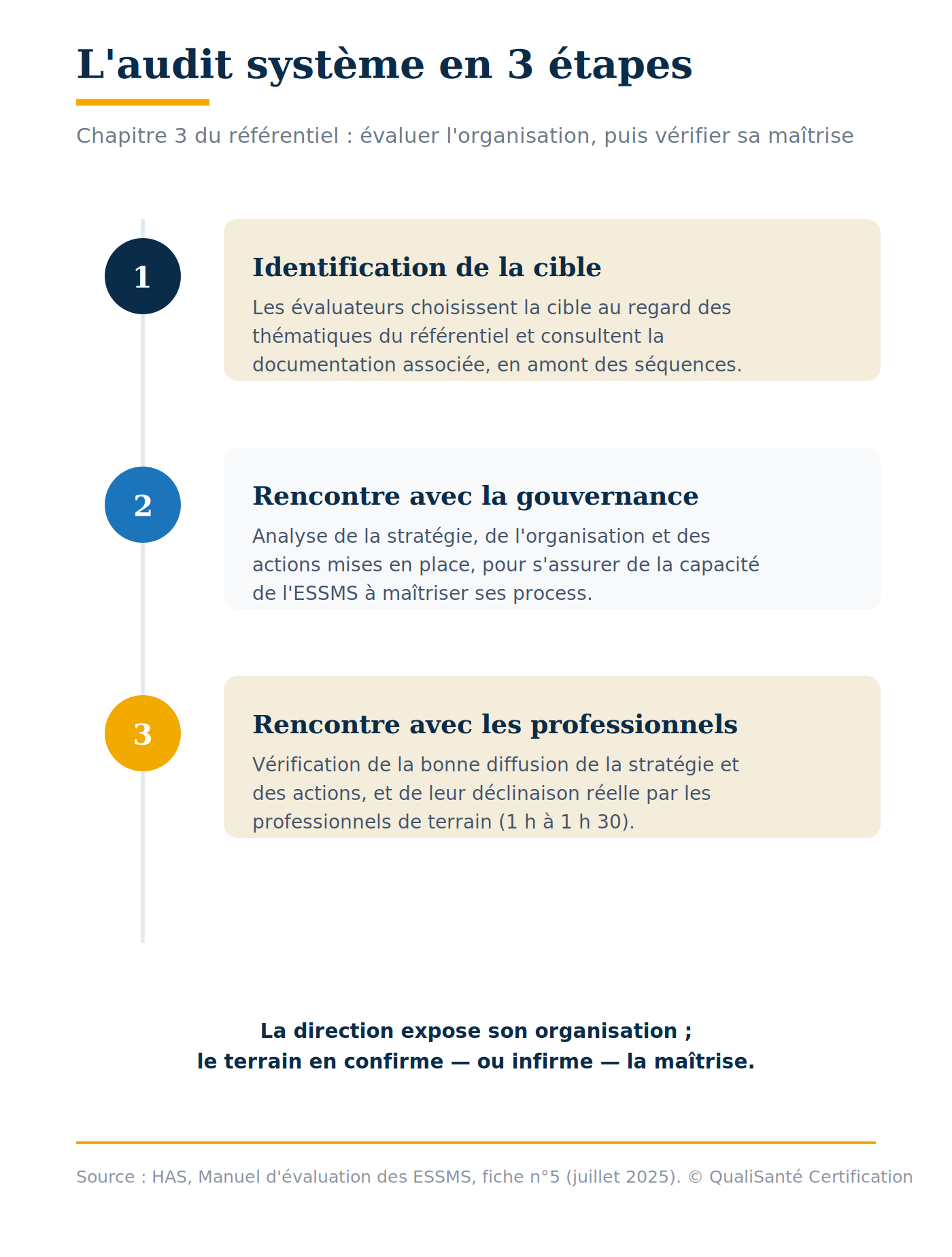 Audit système ESSMS : les 3 étapes de la méthode HAS — identification de la cible, rencontre avec la gouvernance, rencontre avec les professionnels