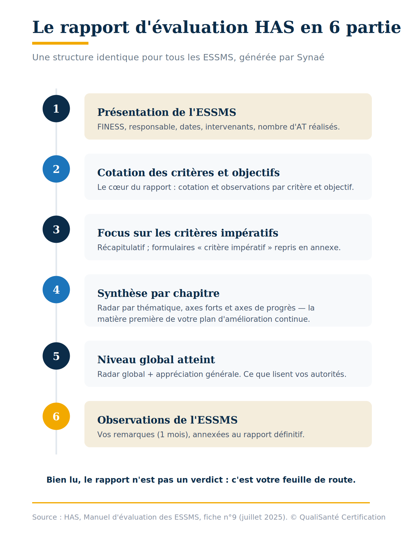 Rapport d'évaluation HAS des ESSMS : les 6 parties, de la présentation de la structure aux observations, générées par Synaé